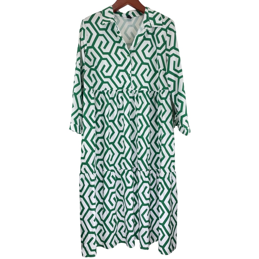 Green White Geometric Tiered Midi Dress 2XL Palm Beach Chic Euro Summer Preppy